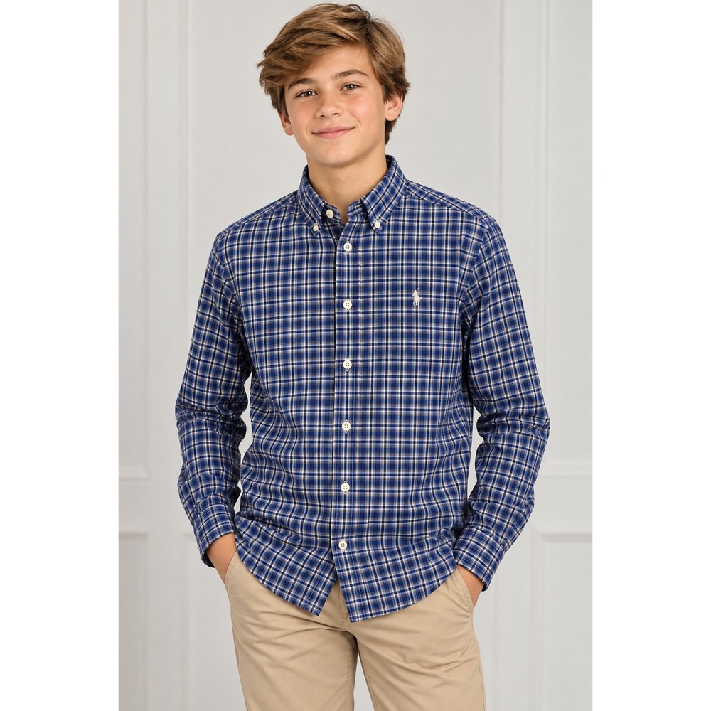Polo Ralph Lauren Boys Blue Plaid Button Down Shirt Pony Logo Size Large 14/16
